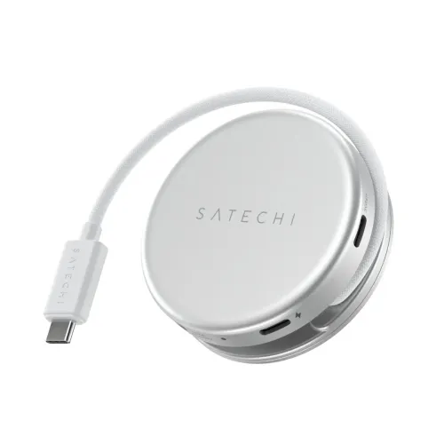 Adaptateur multiport 5-en-1 Satechi OntheGo, design en galet argenté avec câble USB-C tressé et ports apparents