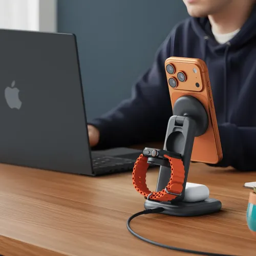 Satechi 3-i-1 vikbart Qi2 25W trådlöst laddningsställ – Typ A, G, C för USA, EU, UK – Magnetisk laddningsstation för flera enheter - Svart