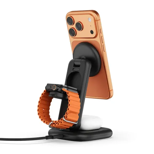 Satechi 3-i-1 vikbart Qi2 25W trådlöst laddningsställ – Typ A, G, C för USA, EU, UK – Magnetisk laddningsstation för flera enheter - Svart