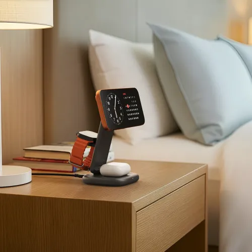 Satechi 3-i-1 hopfällbart trådlöst laddställ med iPhone, Apple Watch och öronsnäckor på ett nattduksbord