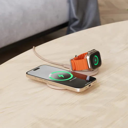 Satechi OntheGo 2-i-1 trådløs lader med lading av iPhone og Apple Watch på en bordplate