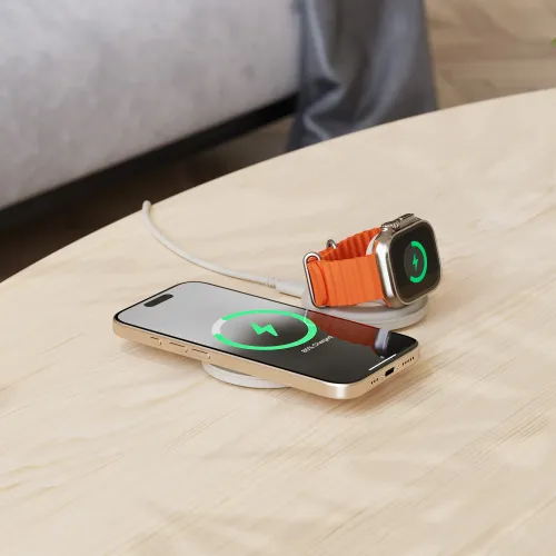 Satechi OntheGo 2-in-1 Wireless Charger charging a smartphone and Apple Watch on a tabletop