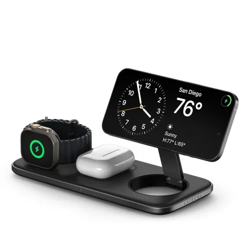 Langaton 3-in-1-latausalusta, jossa puhelin on jalustalla maisematilassa, kellokiekko vasemmalla ja kuulokkeet keskellä mustalla alustalla