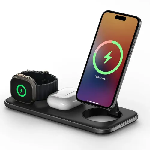 Satechi qi2 Trio Wireless Charging Pad - lataa iPhone, AirPods ja Apple Watch - Avaruuden harmaa