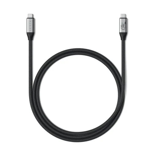 Satechi USB4 Pro V2 braided USB-C cable, black and coiled with silver connectors and 80 Gbps 240W markings