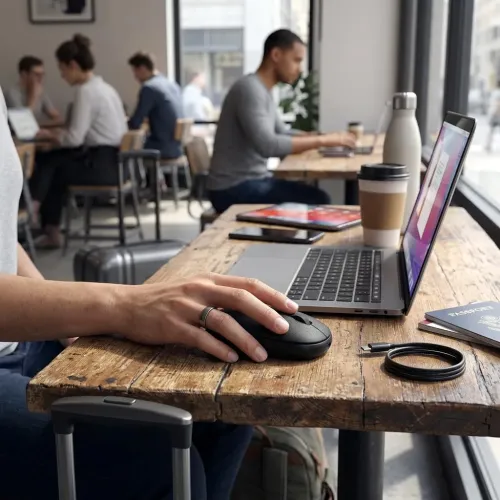 Satechi OntheGo Bluetooth-mus i sort ved siden af en bærbar computer, brugt på et træbord i et caféarbejdsområde.