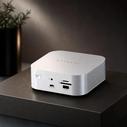 Satechi Thunderbolt 5 CubeDock silver desktop dock with USB-C, audio jack, and SD/microSD slots