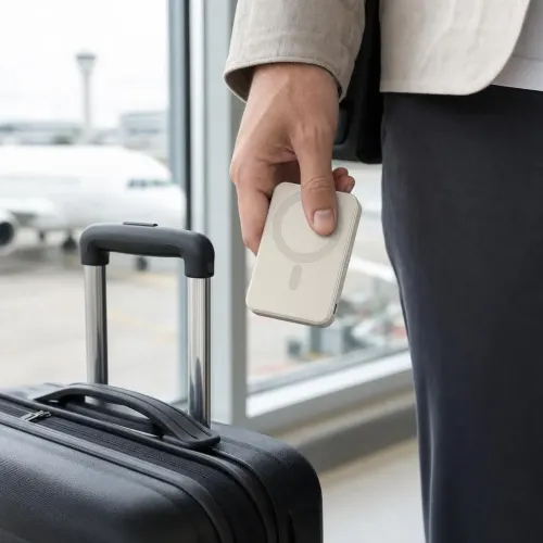 Satechi OntheGo magnetisk powerbank med rund laddningsring, hållen bredvid en resväska på en flygplats.