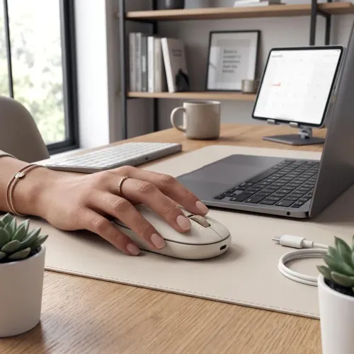 Satechi OntheGo Bluetooth -hiiri hiekanvärisenä työpöydällä, käytössä kannettavan tietokoneen ja tabletin kanssa