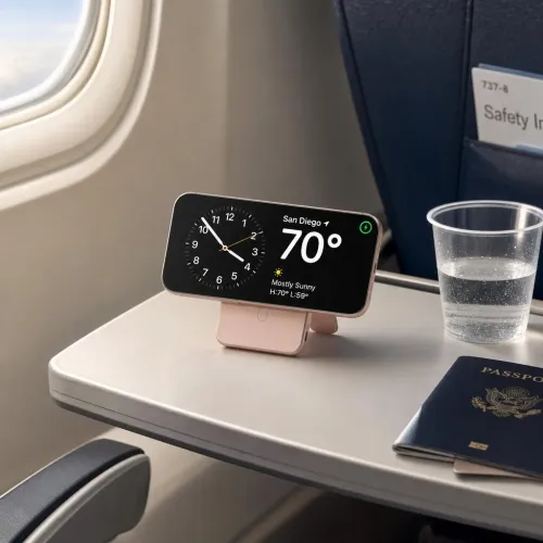 Satechi OntheGo Qi2 5K magnetic power bank with stand supports a smartphone on an airplane tray table.