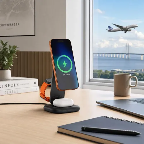 Satechi 3-in-1 foldable wireless charging stand charging iPhone, Apple Watch and earbuds on a desk