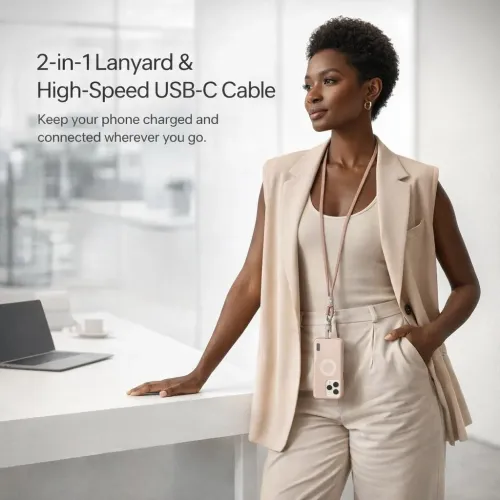 Satechi OntheGo USB-C-halsremskabel, der bæres om halsen, med en smartphone fastgjort