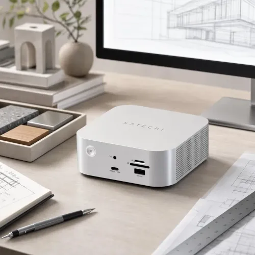 Satechi Thunderbolt 5 CubeDock silver docking station with front ports and SSD enclosure