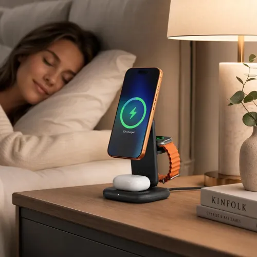 Satechi 3-in-1 Foldable Qi2 25W Wireless Charging Stand - Type A,G,C for US,EU,UK – Magnetic multi-device power station - Black