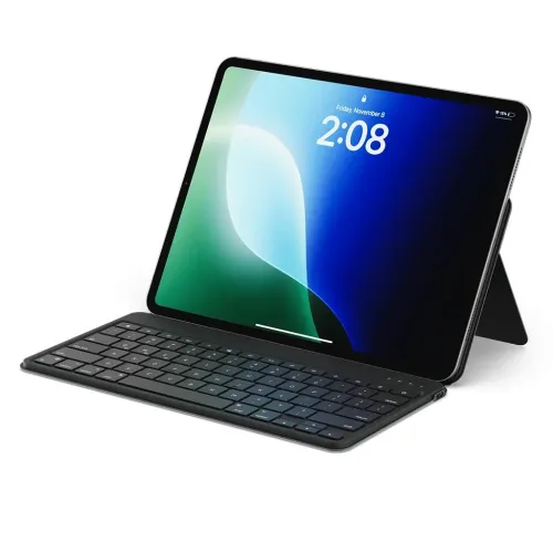 Satechi OntheGo Bluetooth keyboard with built-in stand, holding a tablet in landscape mode on a white background