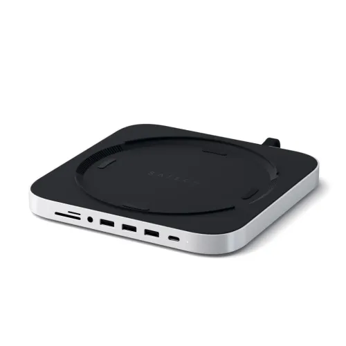 Satechi alumiininen Stand Hub Mac Minille USB-, SD-, microSD- ja ääniliitännöillä, kuvassa hopeanvärisenä ja mustana
