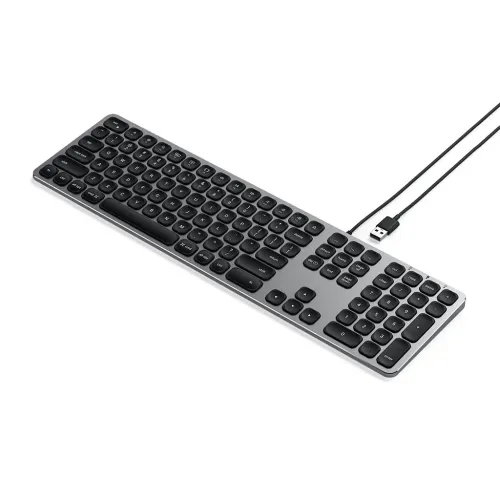 Satechi wired USB keyboard with Nordic layout and numeric keypad, shown in space gray.