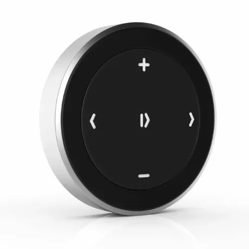 Satechi medijos mygtukas belaidžiam atkūrimui ir garsumo valdymui, apvalus juodas ir sidabrinis Bluetooth valdiklis