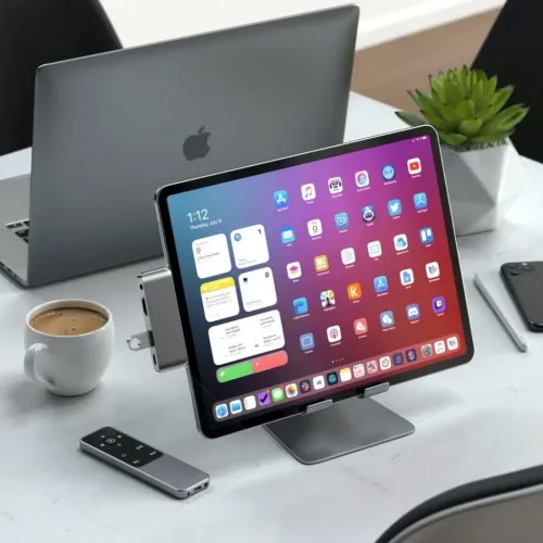 Satechi R2 Bluetooth multimedijos nuotolinio valdymo pultelis ant stalo šalia planšetinio ir nešiojamojo kompiuterių, skirtas medijai arba pristatymams valdyti.