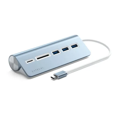 Satechi USB-C aluminum hub and card reader in blue with USB-A ports, card slot, and attached cable