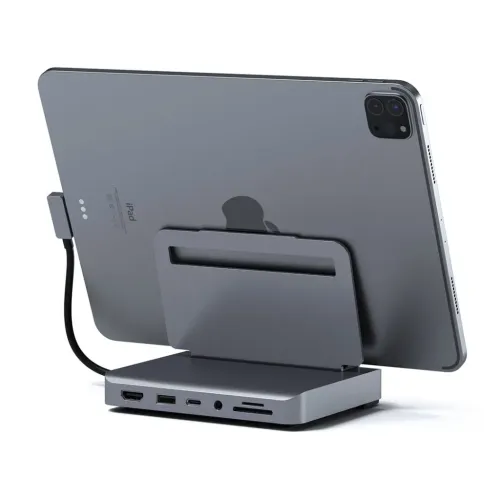Satechi alumiininen Stand Hub -tablettiteline iPadille, etuliitännöillä ja korttipaikoilla latausta ja näytön liittämistä varten