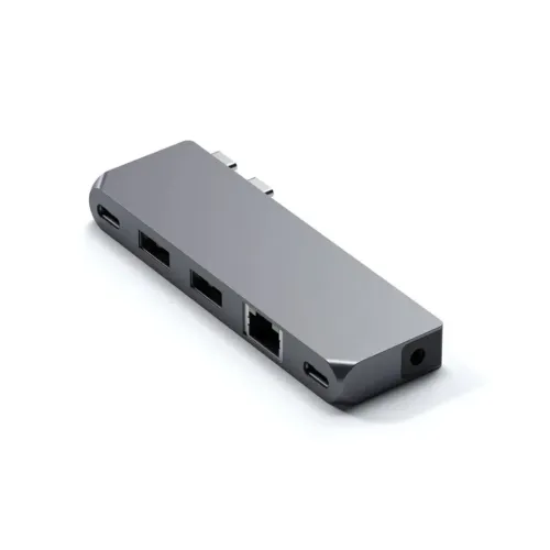 Satechi Pro Hub Mini USB-C-moniporttisovitin avaruusharmaana, USB-A- ja Ethernet-portilla sekä kahdella USB-C-portilla