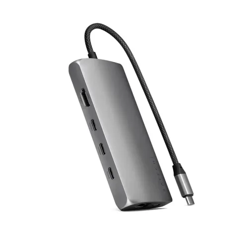 Satechi USB-C-moniporttisovitin Ethernet-liitännällä, hopeanvärisellä alumiinirungolla, HDMI-portilla ja punotulla USB-C-kaapelilla