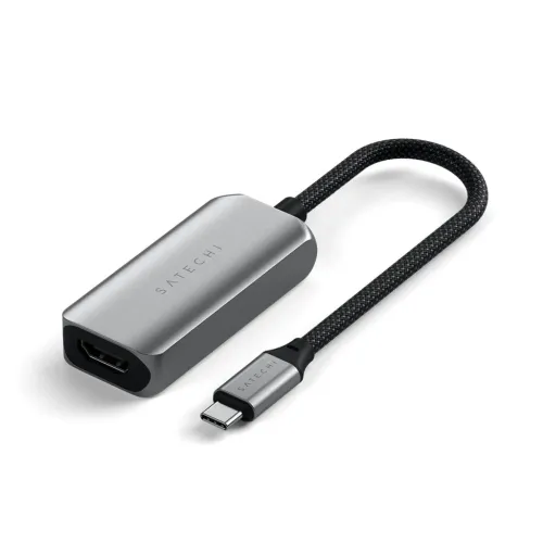 Satechi USB-C–HDMI-sovitin punotulla kaapelilla ja USB-C-liittimellä, hopeanvärinen metallikotelo