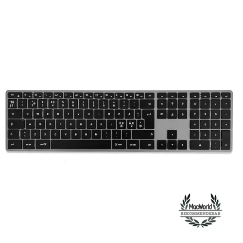 Satechi X3 trådlöst tangentbord med nordisk layout, numerisk knappsats och Mac-funktionstangenter på vit bakgrund.