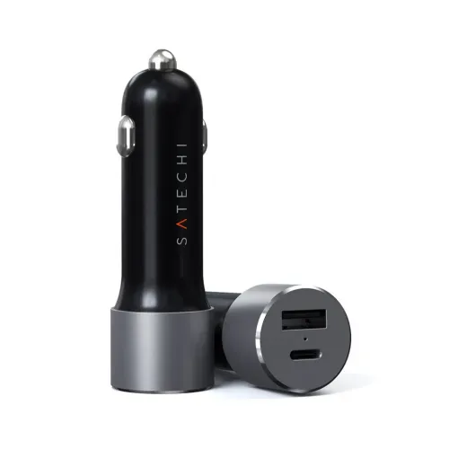 Satechi-biloplader med USB-C- og USB-A-porte i spacegrå, vist kompakt på hvid baggrund