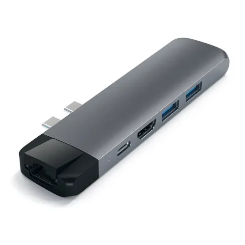 Satechi USB-C Pro Hub tähtiharmaana, Ethernet-, USB-A-, USB-C- ja HDMI-porteilla MacBook Prolle