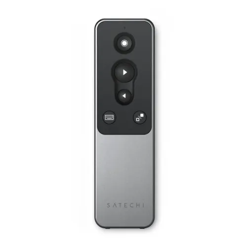 Satechi R1 Bluetooth prezentacijų pultelis, juodos ir sidabrinės spalvos, su skaidrių valdymo mygtukais ir Satechi logotipu