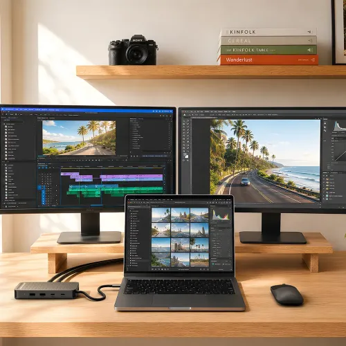Satechi ExtendView USB4 dual HDMI-adapter tilsluttet en bærbar computer og to skærme på et skrivebord