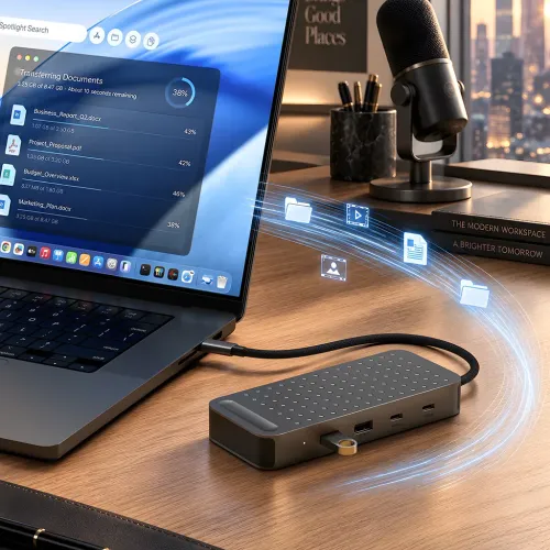Satechi ExtendView USB4 Dual-HDMI-Multiport-Adapter, mit einem Laptop auf einem Schreibtisch verbunden
