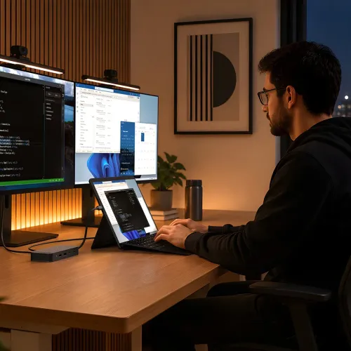 Satechi ExtendView USB4-Dual-HDMI-Multiport-Adapter auf einem Schreibtisch, mit zwei Monitoren und Peripheriegeräten verbunden