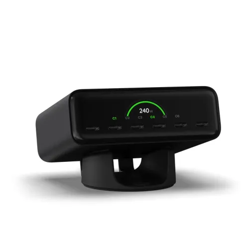 Satechi ChargeView 240W-skrivbordsladdare med sex USB-C-portar, LCD-display för wattstyrka och svart ställ