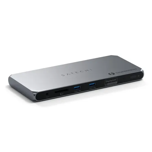 Satechi Thunderbolt 4 -telakointiasema usealle näytölle, näkyvillä porteilla ja kompaktilla hopeanvärisellä muotoilulla