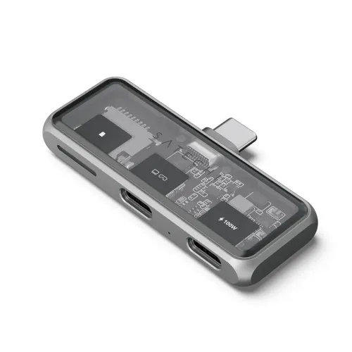Satechi Mobile XR Hub USB-C-keskitin, jossa on microSD-korttipaikka, kompakti hopeanvärinen muotoilu ja läpinäkyvä yläpaneeli