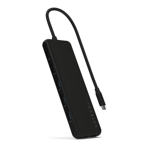 Satechi 13-in-1 USB-C-moniporttisovitin kiinteällä kaapelilla ja useilla USB-porteilla, musta