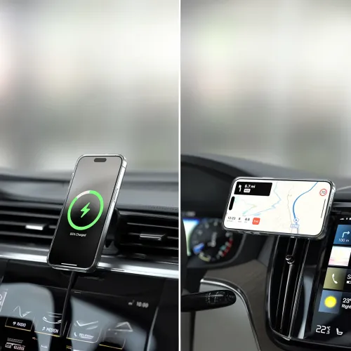 Satechi Qi2 kabelloses Kfz-Ladegerät an einer Lüftungshalterung, das ein Smartphone beim Laden und Navigieren im Auto hält