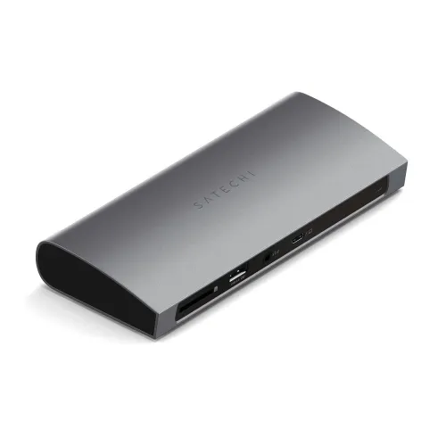 Satechi Thunderbolt 4 -telakka tähtiharmaana, jossa on USB-C-, USB-A-, ääni- ja SD-korttipaikat