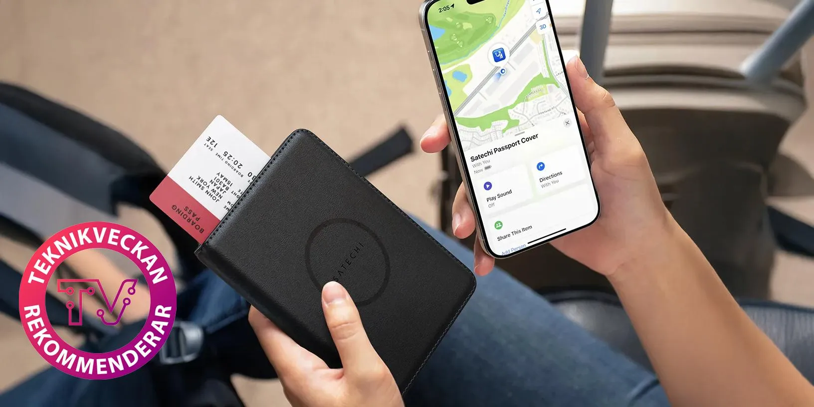 Satechi's black vegan leather passport case with built-in tracker and RFID blocking