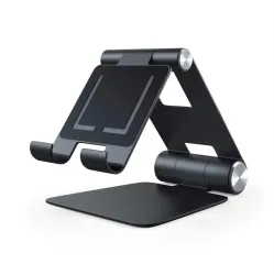 Black Satechi R1 adjustable aluminium mobile stand showing its foldable design and compatibility with various devices.