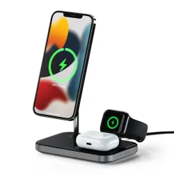 Magnetic 3-in-1 wireless charging stand for iPhone, Apple Watch, and AirPods by Satechi with MagSafe compatibility.