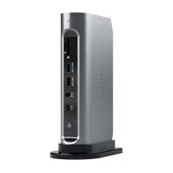 Högpresterande Satechi Thunderbolt 4 Multimedia Pro Dock med avancerade anslutningsmöjligheter och smart laddning för effektiv installation på arbetsplatsen.