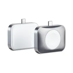 Satechi USB-C dual-sided charger for Apple Watch and AirPods with sleek aluminum finish for wireless charging.