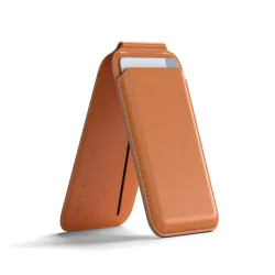 Orange Satechi Magnetic Wallet Stand with vegan leather, MagSafe, and foldable design for iPhone 12/13/14 series.