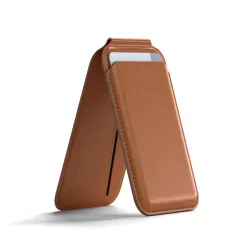 Satechi Brown Vegan Leather Magnetic Wallet Stand med MagSafe for iPhone, elegant kortholder og telefonstativ.