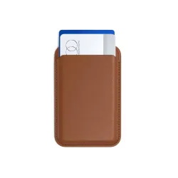 Brown Satechi Magnetic Wallet Stand för iPhone med MagSafe-kompatibilitet och design i veganläder, rymmer upp till fyra kort.