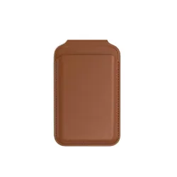 Satechi Brown Magnetic Vegan Leather Wallet Stand with MagSafe for iPhone 12, 13, 14 Series, holds 4 cards.